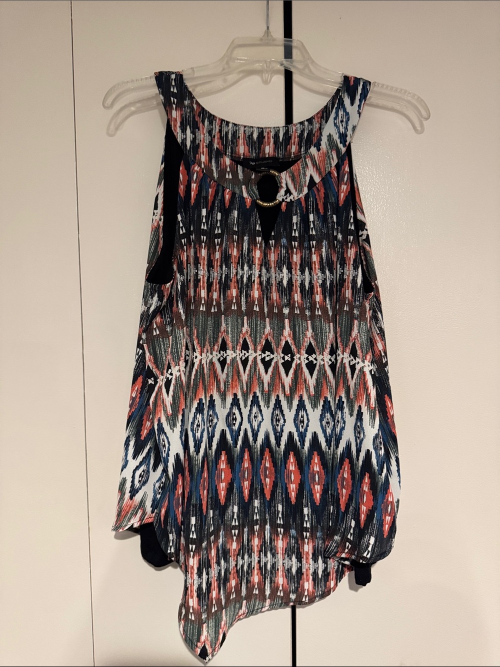 AB Studio Navy, Coral & White Sleeveless Tank with Ring Accent